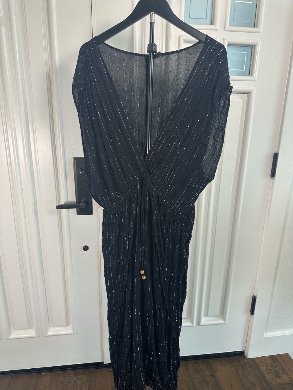 Black Metallic-Thread V-Neck Swim Coverup